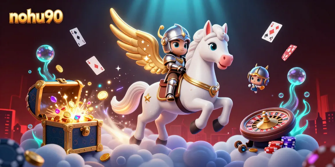 Nohu90 brings thrilling casino excitement with a magical knight and celestial horse in a vibrant gaming scene.