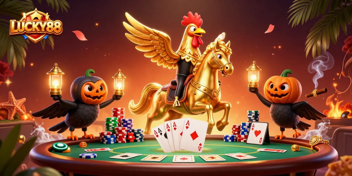 LUCKY88 slot game illustration featuring a golden rooster and poker elements in a vibrant casino setting.