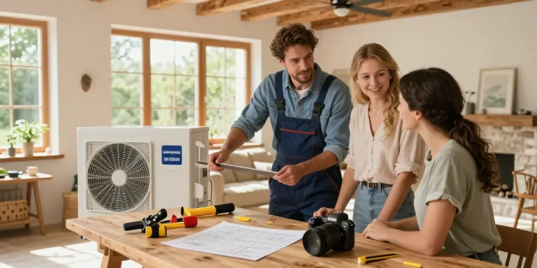 Couple consulting about wärmepumpe im altbau installation with contractor in a renovated home.
