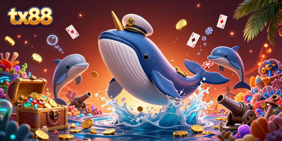Experience thrilling casino gameplay with tx88 as the whale splashes through coins, surrounded by playful dolphins and vibrant gaming elements.