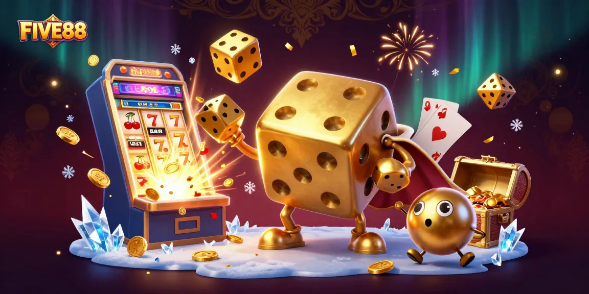Experience the thrill of FIVE88 with vibrant casino action, featuring golden dice and slot machines.