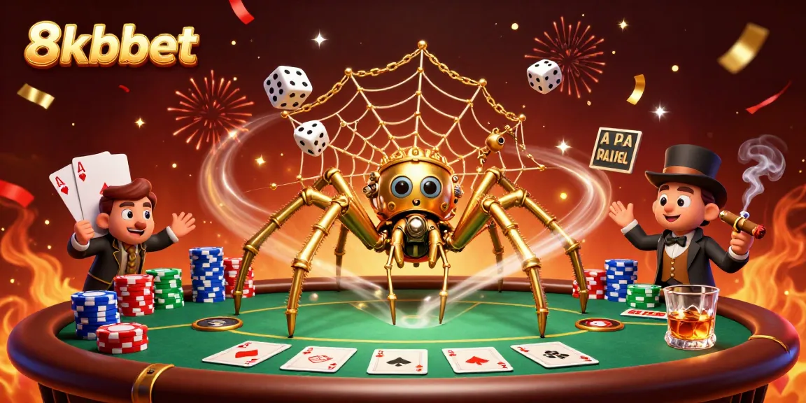 Experience the excitement of 8xbet with a dynamic steampunk scene featuring a golden spider and poker elements.