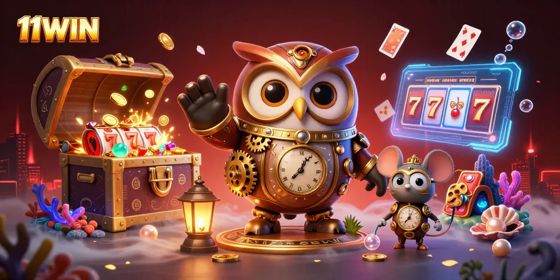 Engage in thrilling gaming adventures with 11WIN as the owl and mouse bring a vibrant casino scene to life.