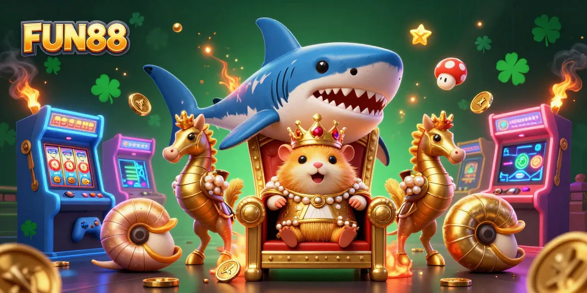 Win big with FUN88 in an ultra-detailed casino scene filled with golden rewards and vibrant gaming elements.