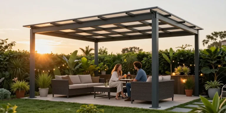 Terrassenüberdachung freistehend mit gemütlicher Sitzgruppe und warmem Licht im Garten.