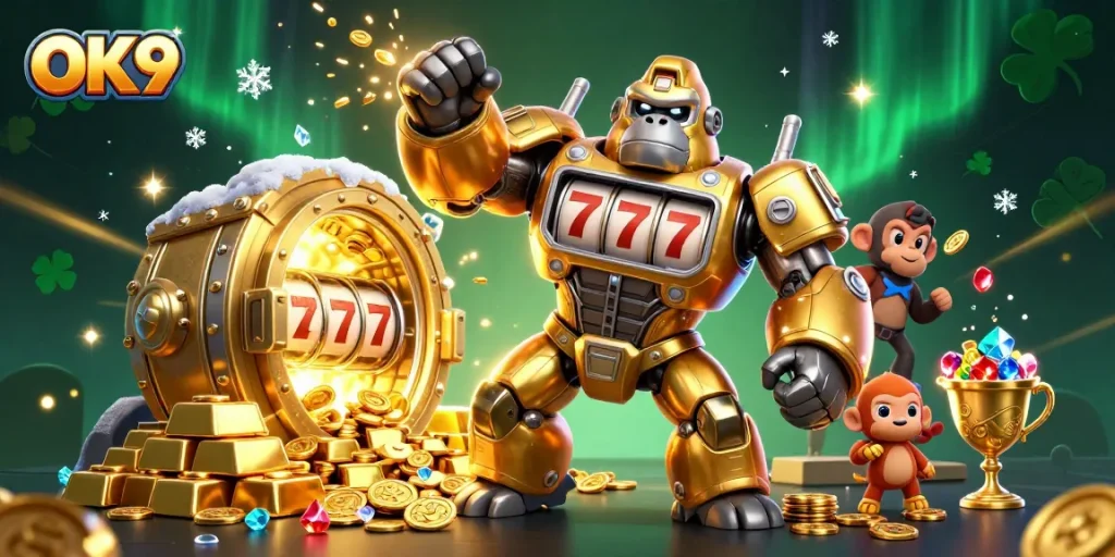 Engage with the thrilling world of OK9 with a dynamic transformer gorilla mech and slot machine elements.