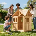 Familie beim Bau eines Gartenhauses im blühenden Garten.