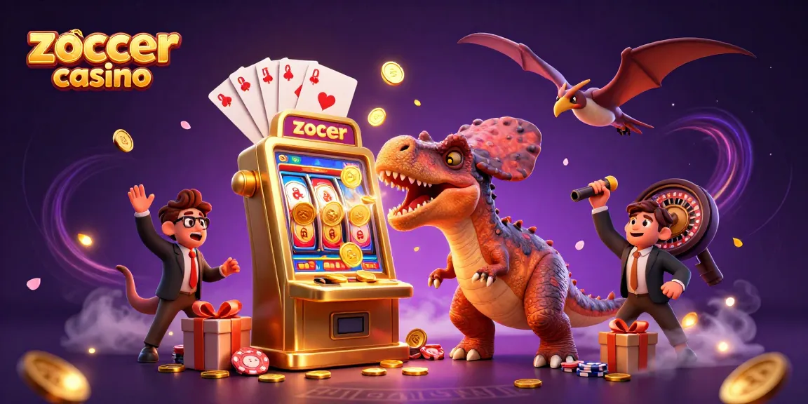 Zoccer casino characters interact thrillingly with slot machines and coins in an exciting gaming scene.