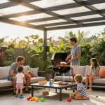 Familie unter einer modernen Terrassenüberdachung, die eine entspannte Grillparty genießt und eine einladende Atmosphäre schafft.