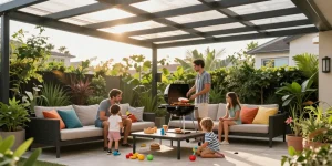 Familie unter einer modernen Terrassenüberdachung, die eine entspannte Grillparty genießt und eine einladende Atmosphäre schafft.