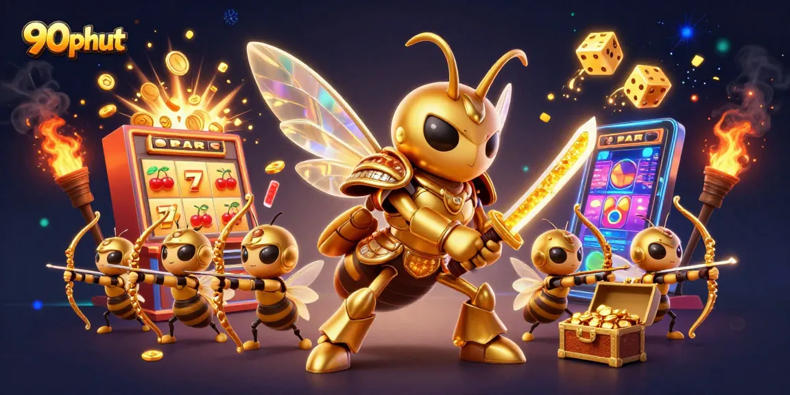 Experience thrilling bets with 90phut at a vibrant online casino featuring exciting symbols and characters.