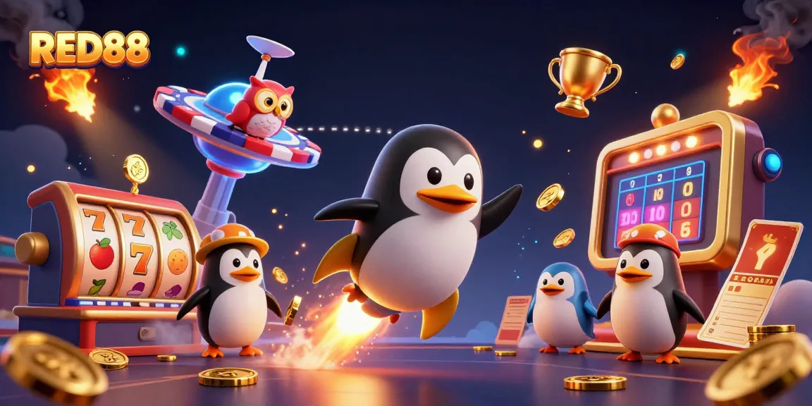 Spin and win big at RED88 with a vibrant 3D penguin-themed casino illustration!