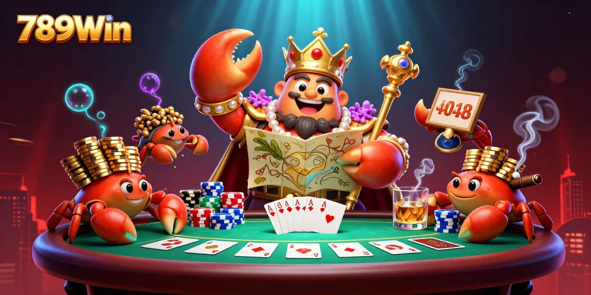 Engage in thrilling gameplay with 789Win, featuring a golden crab emperor amidst a vibrant casino scene.