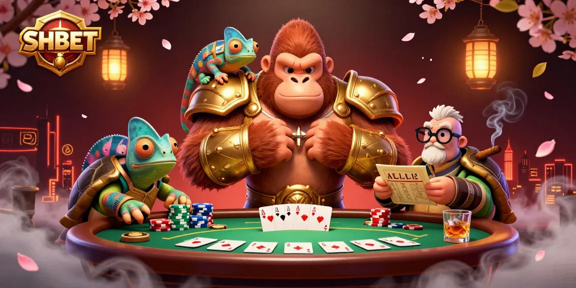 Experience the thrill of SHBET with vibrant poker action featuring a 3D gorilla king, colorful chips, and ancient scrolls.