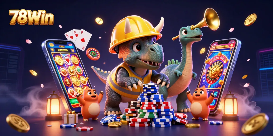 Join the fun at 78Win as characters celebrate with poker chips and slot games in a vibrant casino scene.