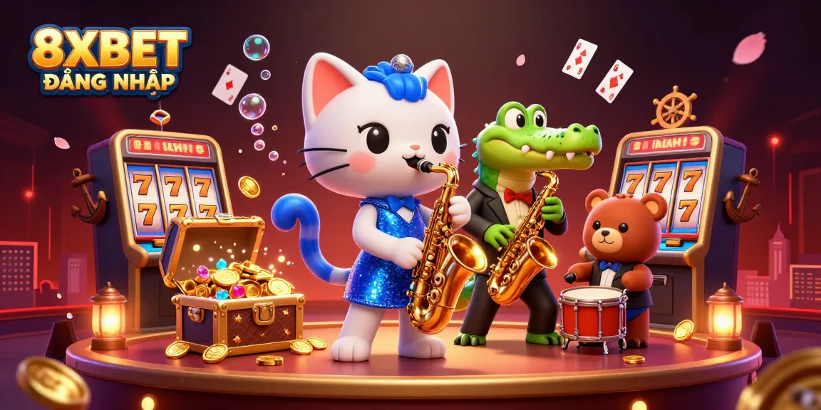 Betting at 8XBET ĐĂNG NHẬP showcases a lively casino scene with cartoon characters and slot machines.