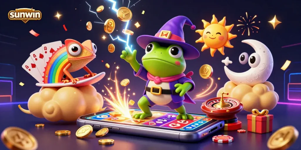 sunwin casino illustration showing a wizard frog and chameleon surrounded by games and gold, set in a vibrant casino