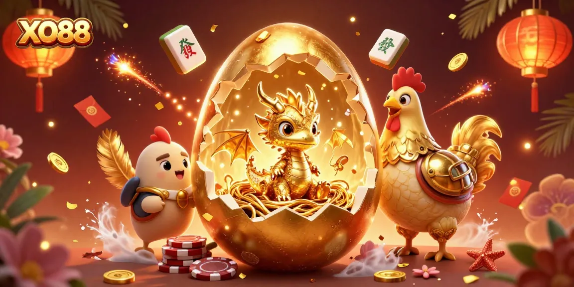 Experience thrilling excitement with XO88 as a radiant golden dragon emerges from shimmering poker chips.