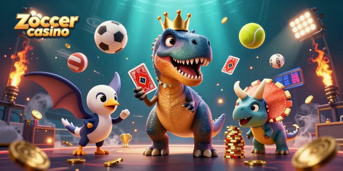 Zoccer casino showcases thrilling card games and sports betting with a playful dinosaur scene.