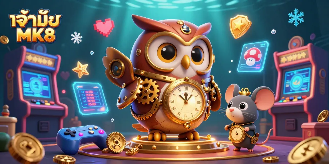 Engage with the thrill of เจ้ามือ MK8 at the vibrant 3D casino scene featuring dynamic characters and colorful game elements.
