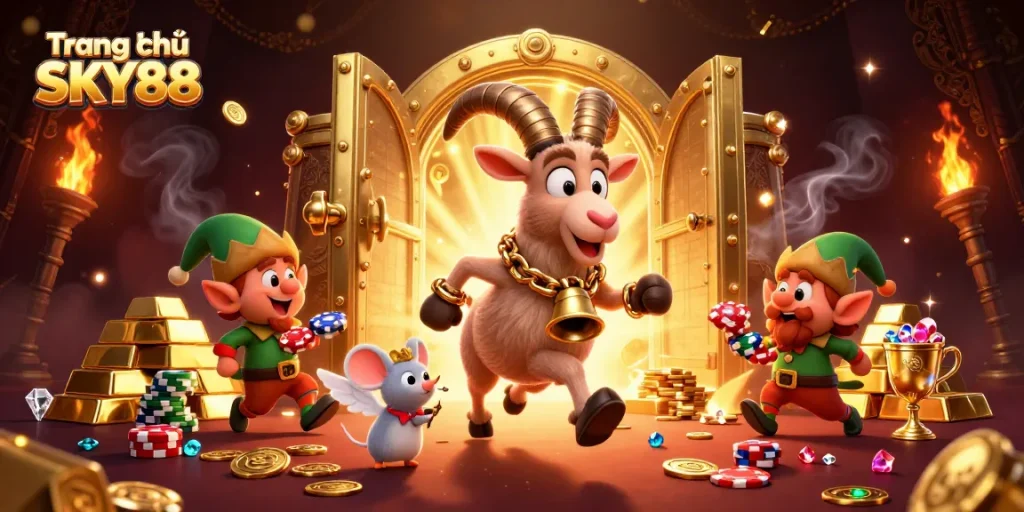 Experience the vibrant action of Trang chủ SKY88 as lively characters seize gambling treasures in a festive casino.