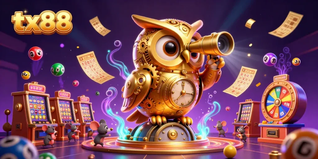 Experience the excitement of tx88 with a vibrant casino scene featuring colorful lottery elements and a mystical owl.