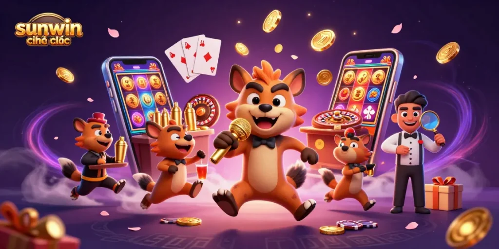 Engage with the sunwin chính thức casino scene featuring hyenas in a vibrant comedy club ambiance.