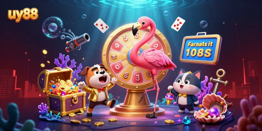Spin to win with uy88 in this vibrant casino scene featuring a flamingo host and bulldog contestant.