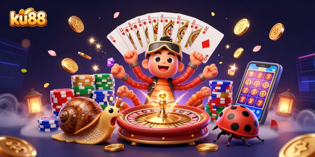 Experience the excitement of ku88 with a vibrant 3D illustration featuring a millipede dealer and dynamic casino elements.