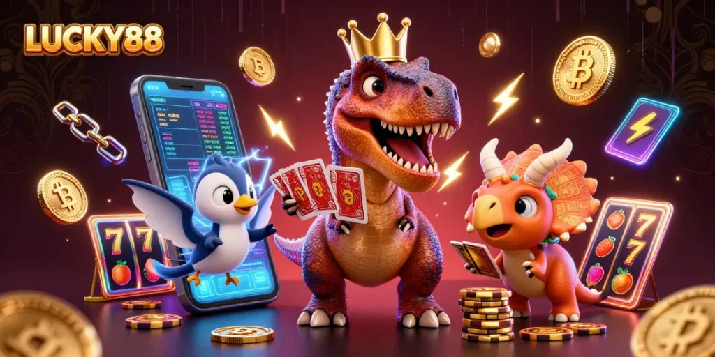 Experience winning thrills at LUCKY88 with a dynamic 3D illustration of gaming characters engaged in exciting card and chip action.