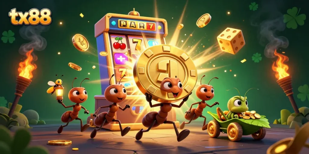 Experience the excitement of tx88 as ants pull off a heist with golden chips in this vibrant casino scene.