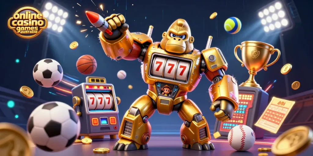 Engage with online casino games Australia through this vibrant slot-themed 3D illustration showcasing a dynamic golden gorilla mech.