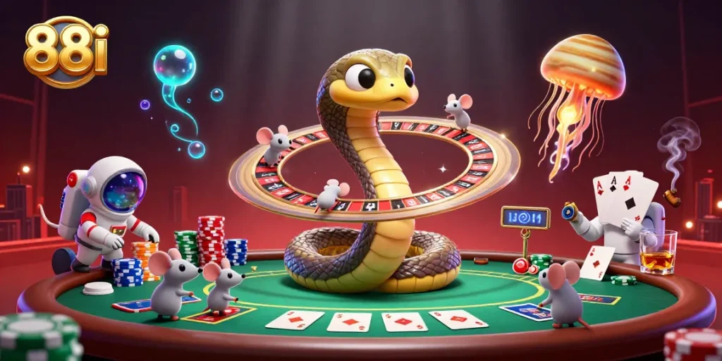 Players enjoy 88i's dynamic gaming atmosphere, with poker, roulette, and vibrant cosmic details enriching the experience