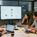 Build internal tools with AI, team brainstorming in a modern workspace with flowcharts and laptops.
