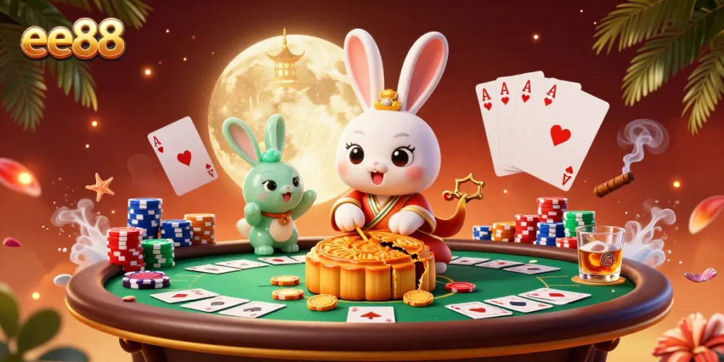 Experience thrilling ee88 gaming action with a moon rabbit pounding mooncakes revealing poker chips on a vibrant lunar background.