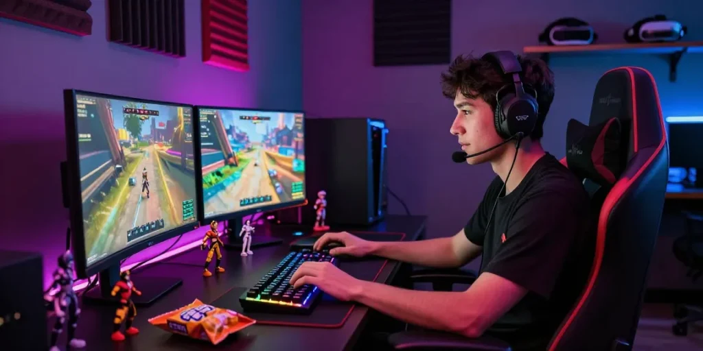 Gamer intensely focused on FAFA828 gameplay, surrounded by vibrant gaming setup and dynamic visuals.
