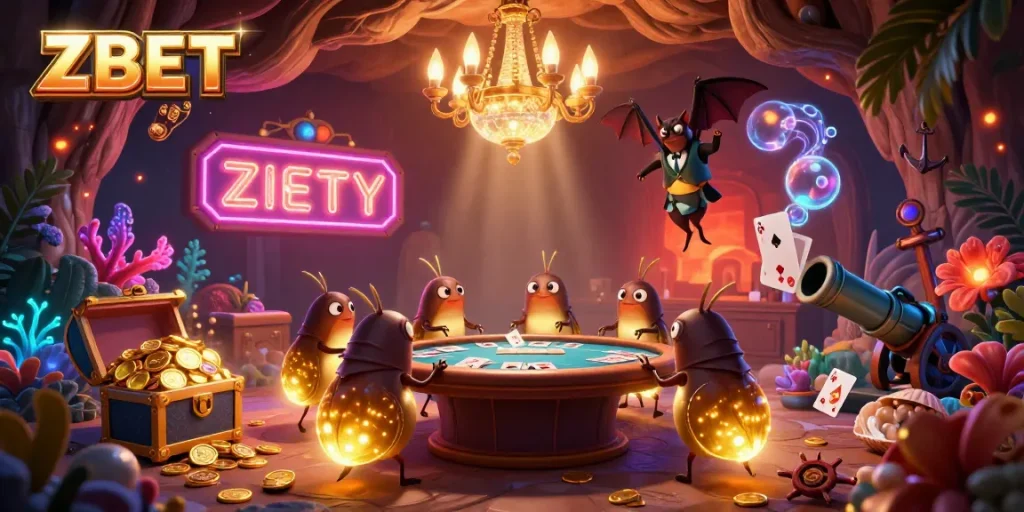 ZBET illuminates a vibrant casino scene with glowworms and a bat dealer showcasing casino action.