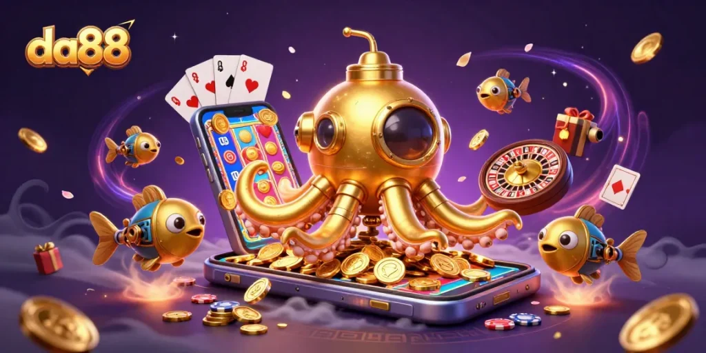 da88 showcases a vibrant 3D kraken submarine amidst golden coins in an action-packed casino scene.